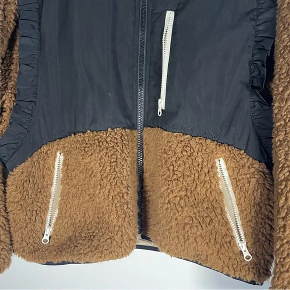Sandy Liang Mia Fleece Teddy Cropped Jacket in Black & Brown Size Small